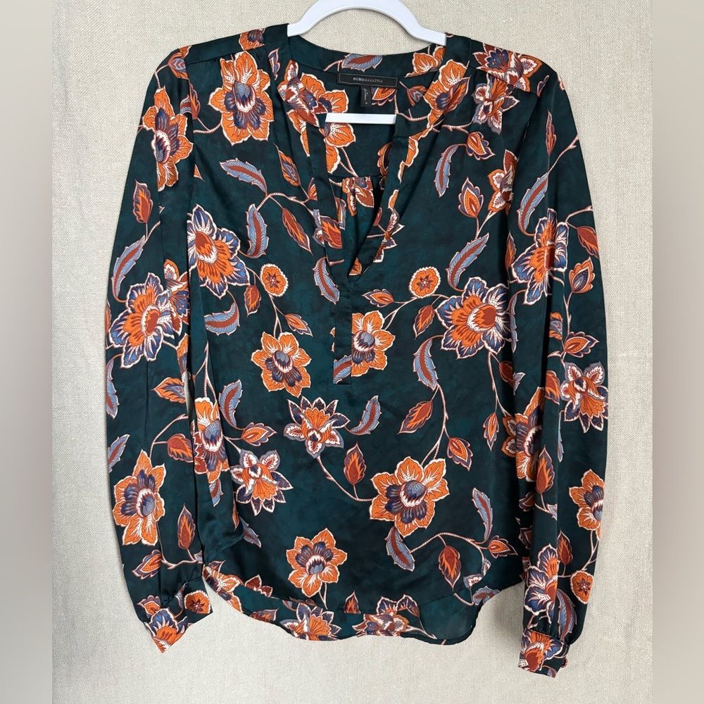 BCBG Max Azria Floral Blouse Small Dark Green Office Old Money